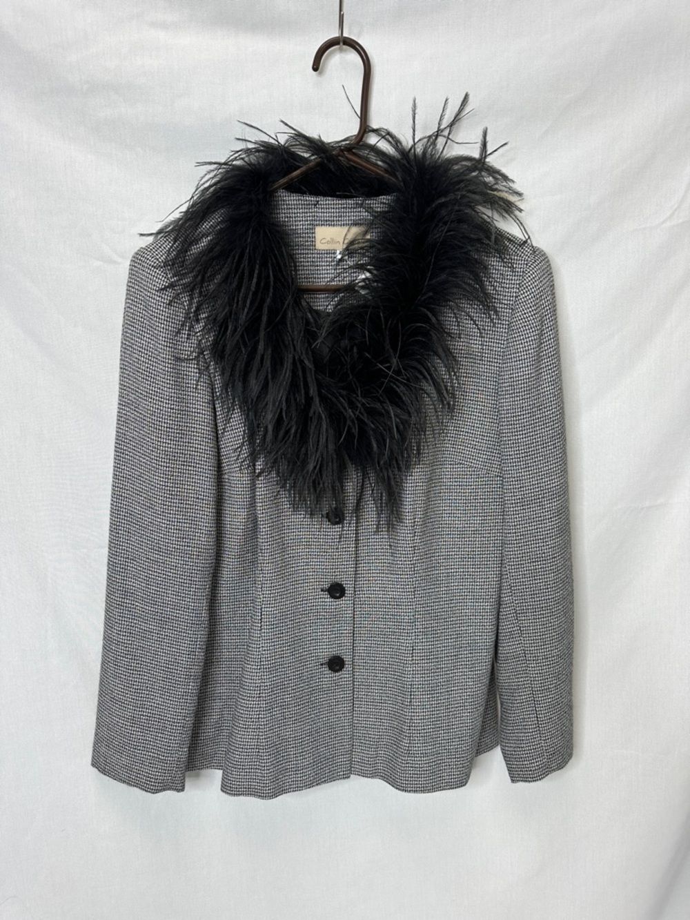 Tailored Gray Houndstooth Blazer with Removable Black Feather Collar
